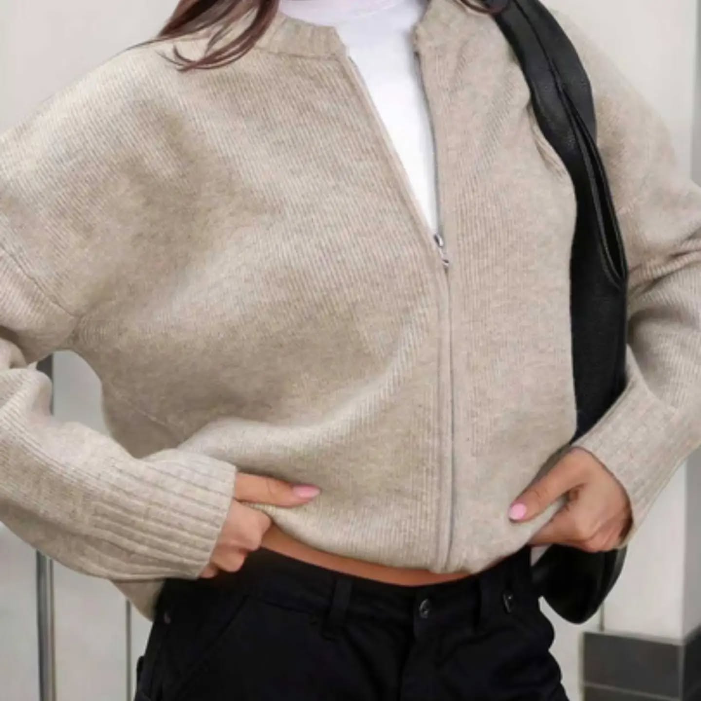 FOR BEAUTY Spring/Autumn New Solid Color Round Neck Zip-Up Knit Cardigan For Women