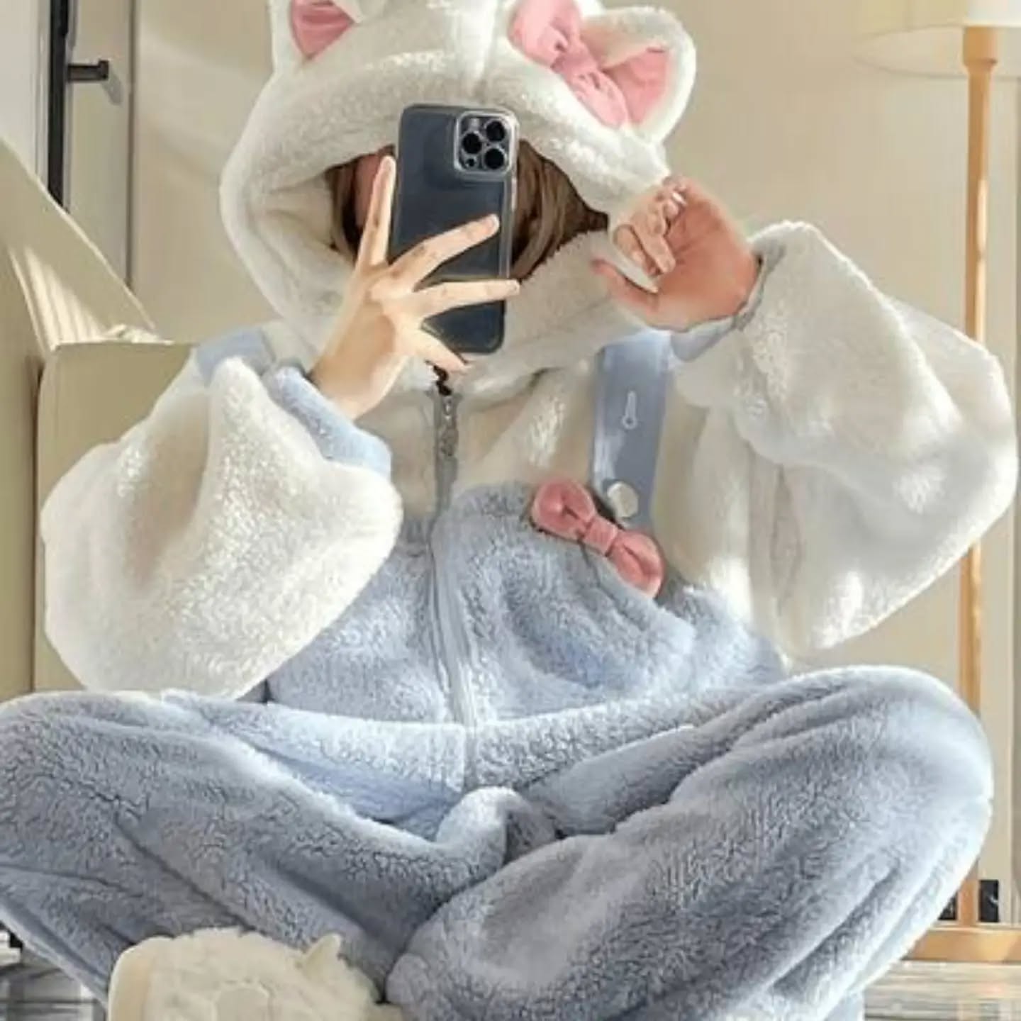 Women's Comfortable Thermal Lined Long Sleeve Hooded One-Piece Pajamas - Soft Gray And Pink Bow Decor