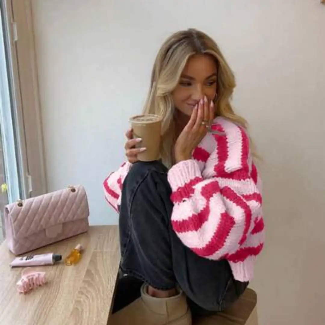 Vivid Style Women's New Fashion Versatile V-Neck Contrast Stripe Loose Short Knit Cardigan With Buttons Pink