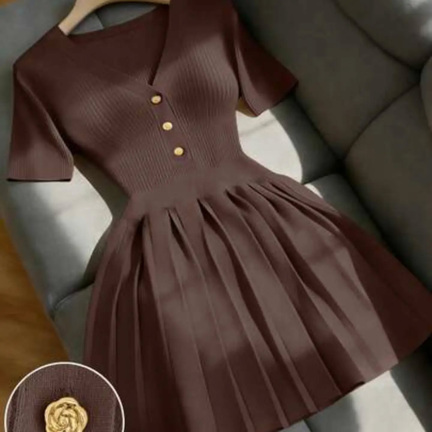 Franclia Women Summer Brown Elegant School Back-To-School Autumn V-Neck Short Sleeve Knit Sweater Dress