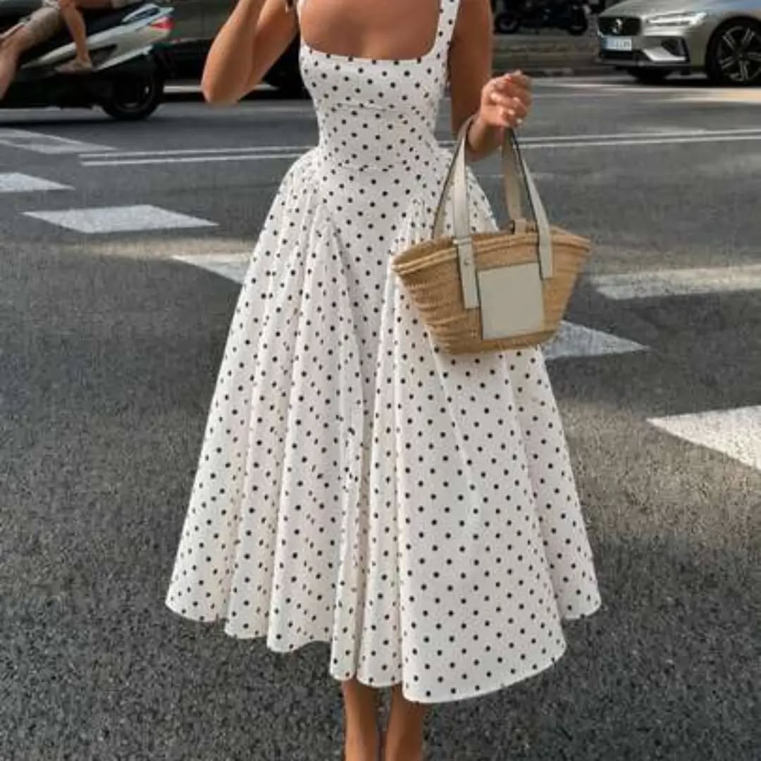 Vuslat Women's Summer French Polka Dot Square Neck Vintage Cinched Waist Wide Strap Ruched Full Skirt Knee-Length Midi Dress