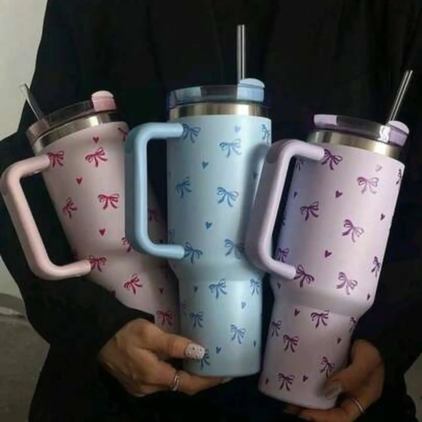 1pc 40oz-14oz Large Capacity Heart & Bow Design Handled Tumbler