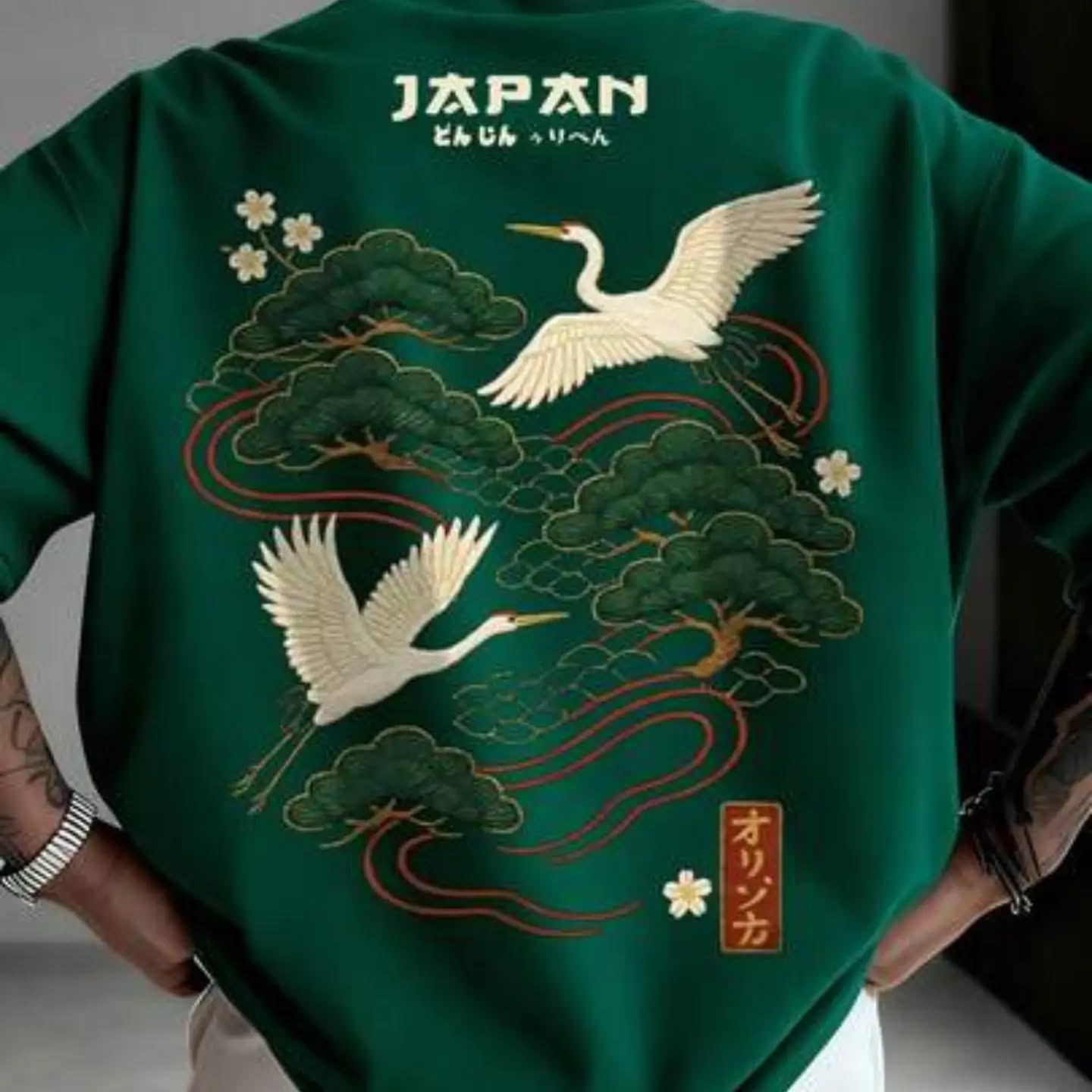 Zrgoth Men's Casual Versatile Minimalist Japanese Crane Print Short Sleeve T-Shirt