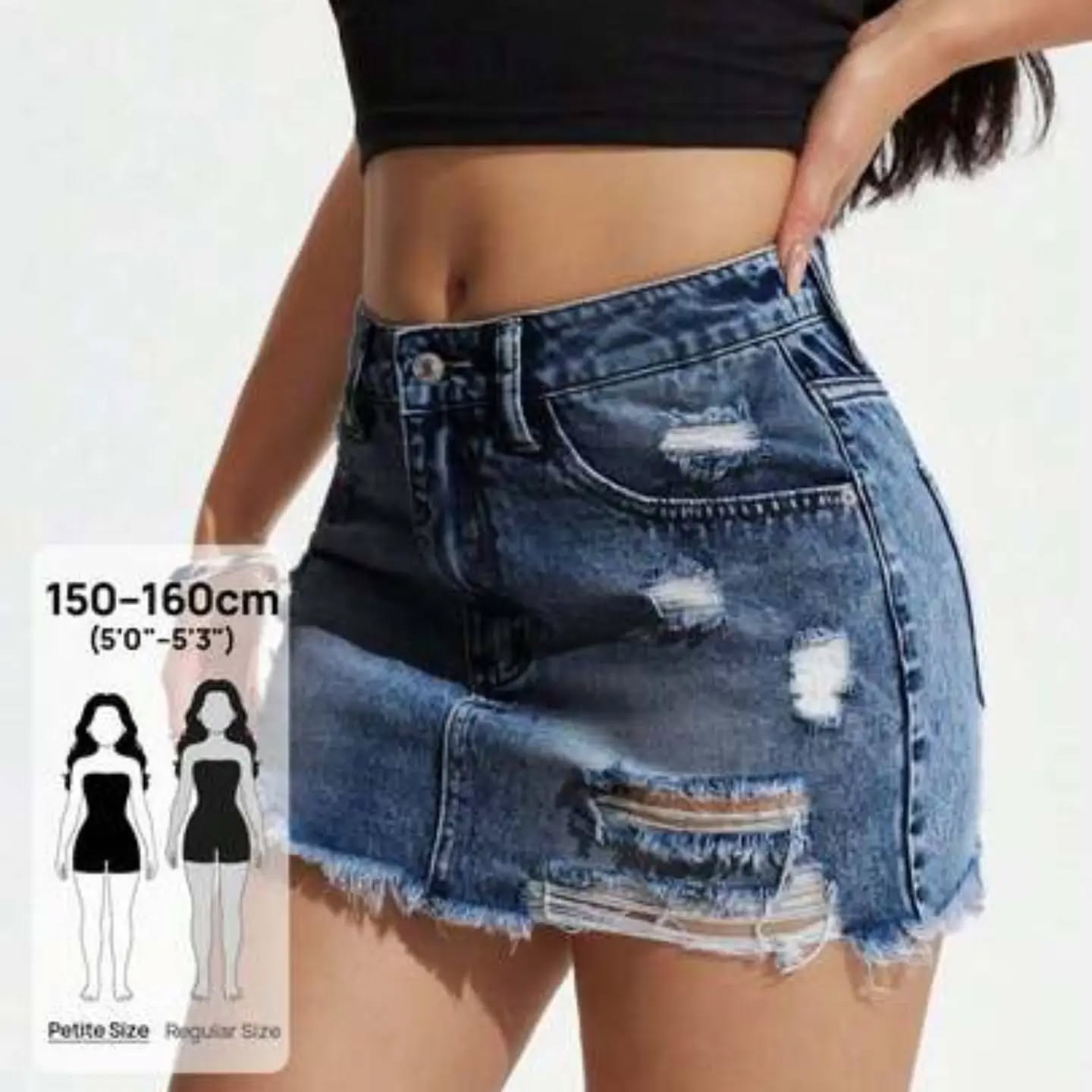 SHEIN PETITE Casual Washed Distressed Denim Mini Skirt
