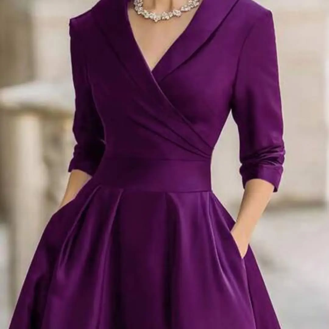 European & American Style Elegant Fashion V-Neck Long Sleeve Dress