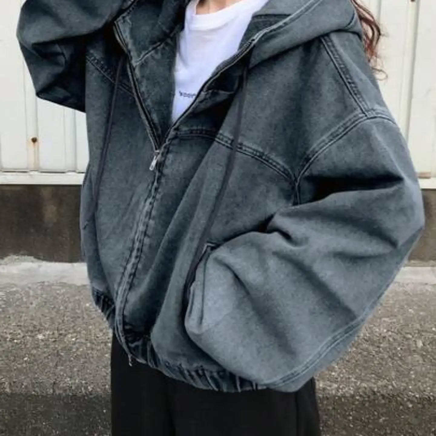 FRIFUL Women's Solid Color Casual Zip-Up Loose Long Sleeve Hooded Denim Jacket
