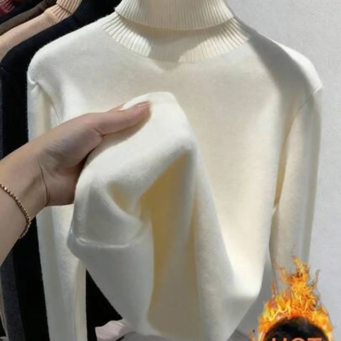 Franclia Women's Off-White Winter Basics Office Casual Thermal Lined High Round Neck Long-Sleeved T-Shirt