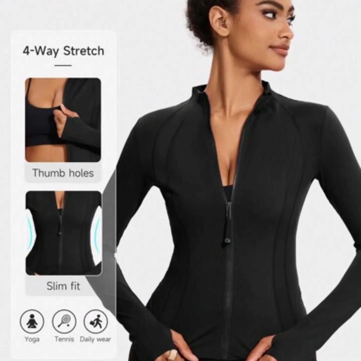 VUTRU Women Slim Fit Sports Jacket With Thumb Hole And Stand Collar Black Spring