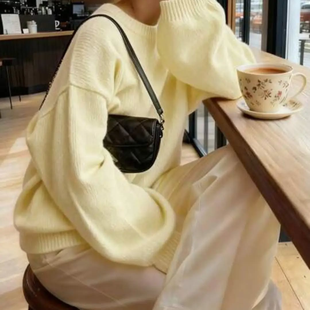 FOR BEAUTY Fall Winter Y2K Women Sweaters Apricot Crew Neck Long Sleeve Knit Pullover Solid Color Relaxed Fit Casual Chic Office Daily Going Out Top