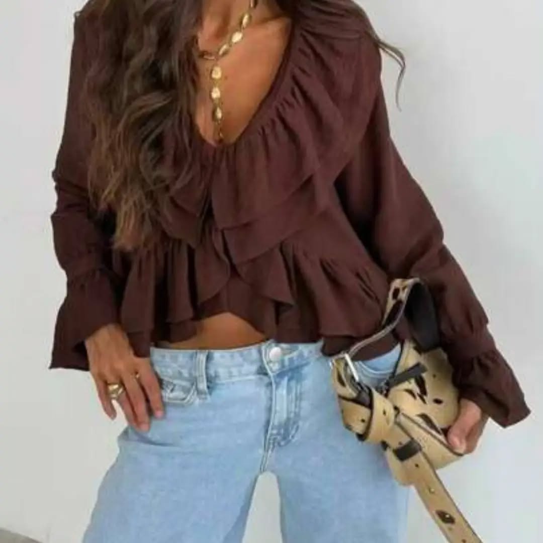 Women Solid Color Woven Fabric Ruffle Hem/Asymmetrical V-Neck Long Sleeve Top