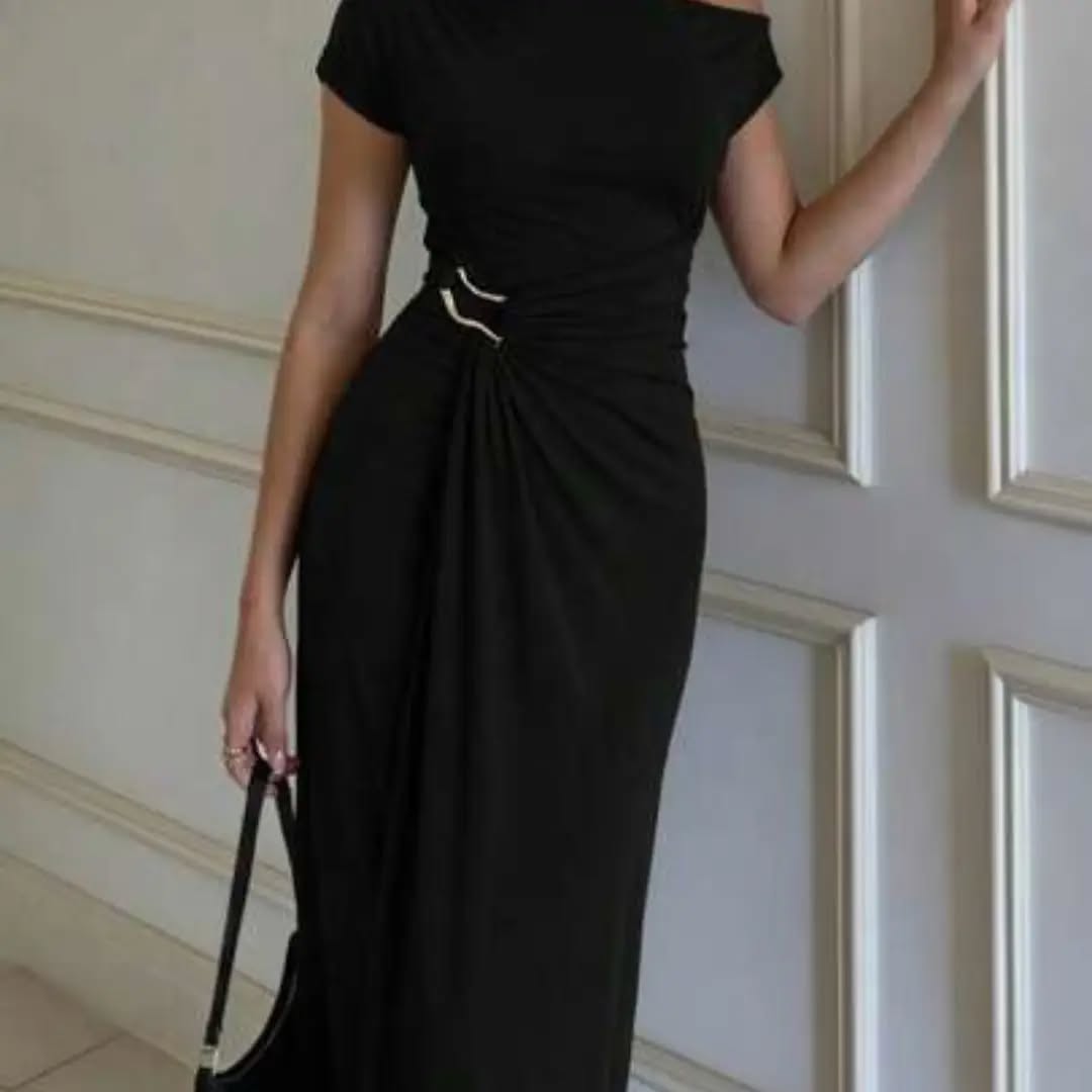 Asymmetric Neckline Dress In Chocolate Color | Pleated Waist Metal Decor Dress Suitable For Dates And Events Black Elegant Summer