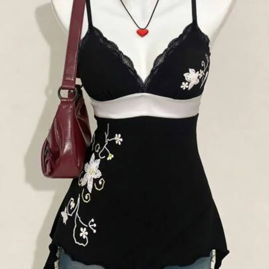 Sexy Vintage Lace Patchwork Suspender Top Women Harajuku Flower Graphic Print Rivet Mini Camis Gothic Hottie Summer Clothes Y2K Vacation Casual Black