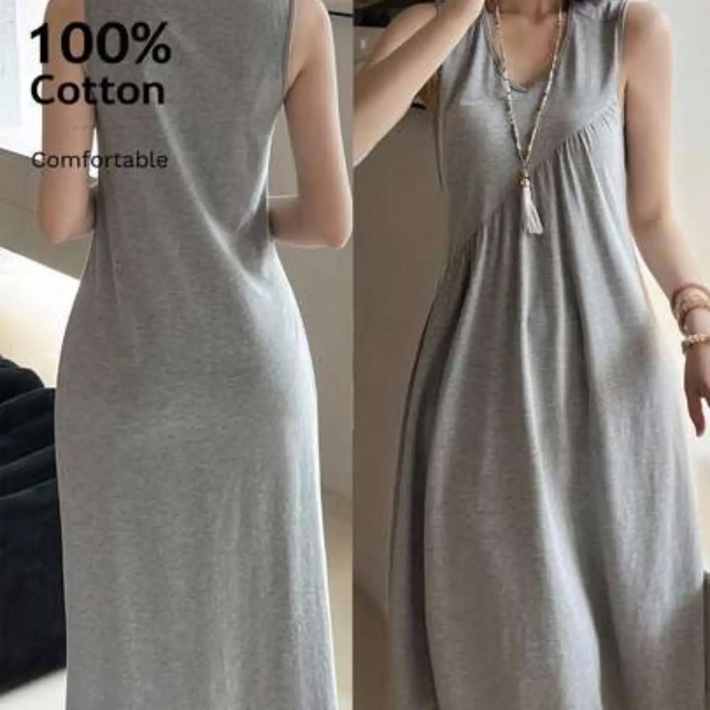 EMERY ROSE Women's Casual Grey Midi Dress: Sleeveless V-Neck Knitted Flared Semi-Sheer Summer Dress With Ruched Detailing