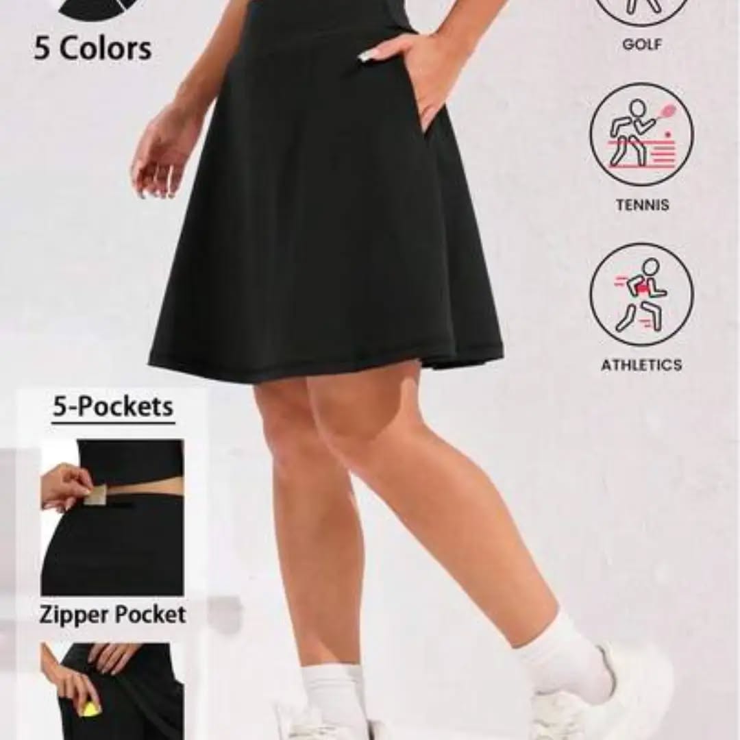 Women's 2-In-1 Mid-Length Black Sports Skirt With Built-In Shorts Pockets - Ideal For Tennis