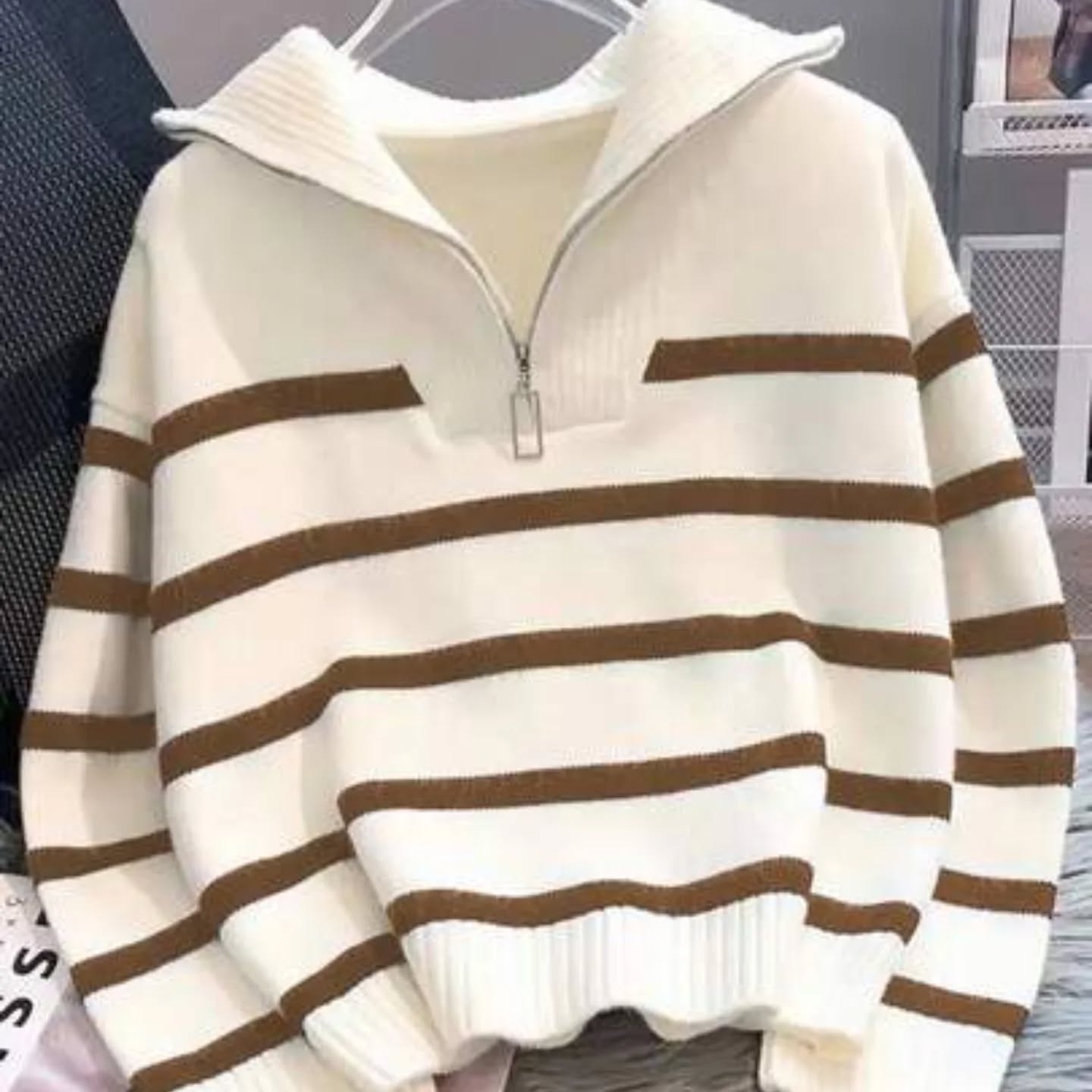 New Autumn/Winter Women Striped Zipper Turtleneck Sweater